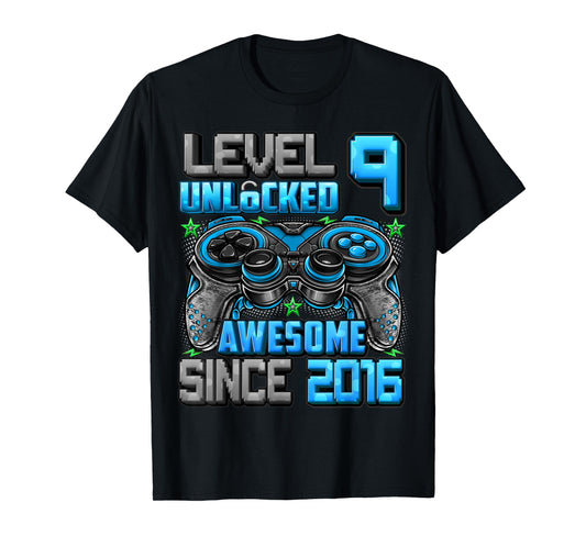 Level 9 Unlocked Awesome Since 2016 9th Birthday Gaming T-Shirt