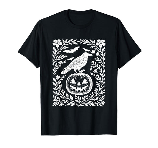 Floral Crow Halloween Boho Pumpkin Spooky Jack O Lantern T-Shirt