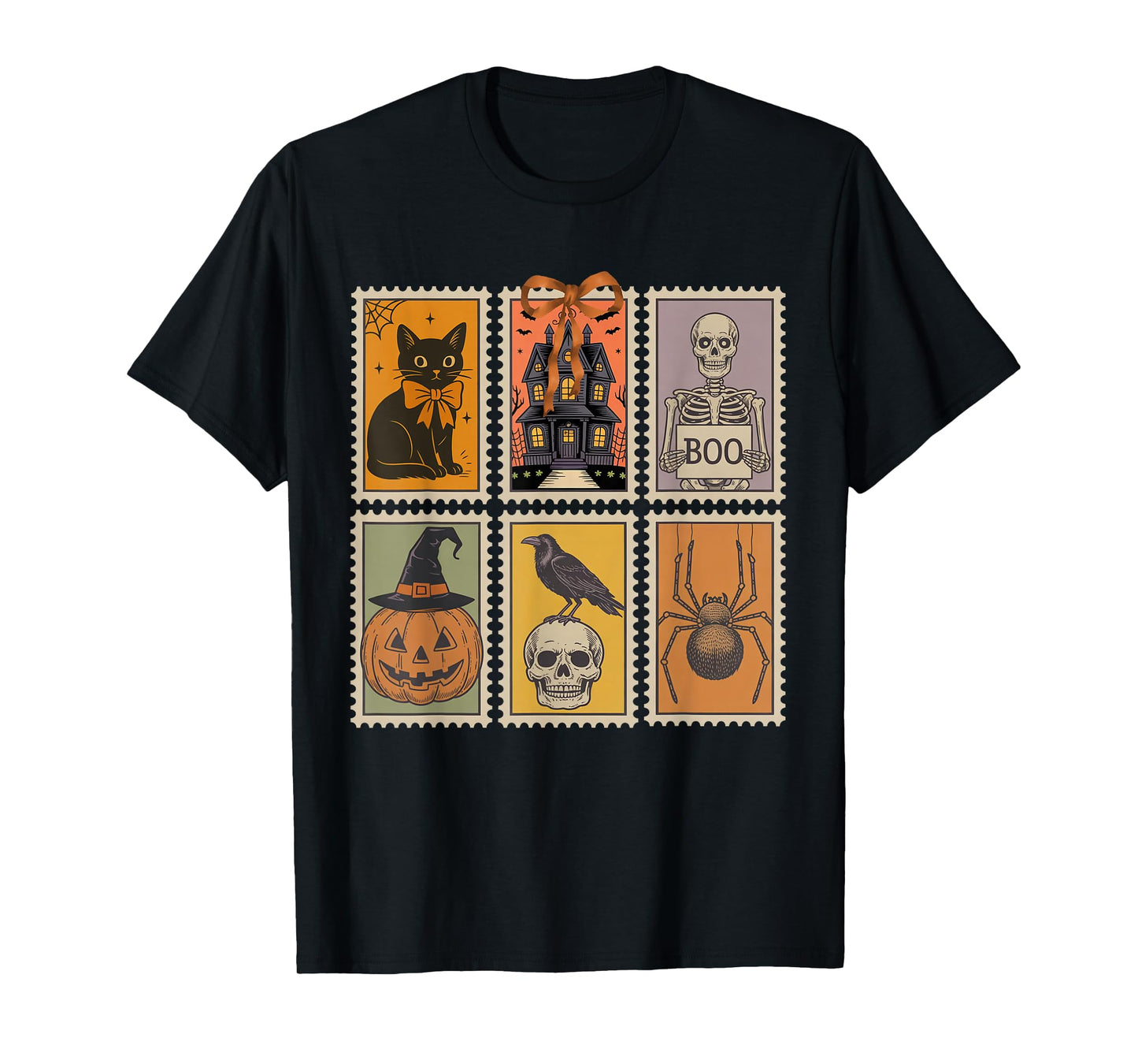 Vintage Halloween Stamp Cute Ghost Pumpkin Cat Retro Fall T-Shirt