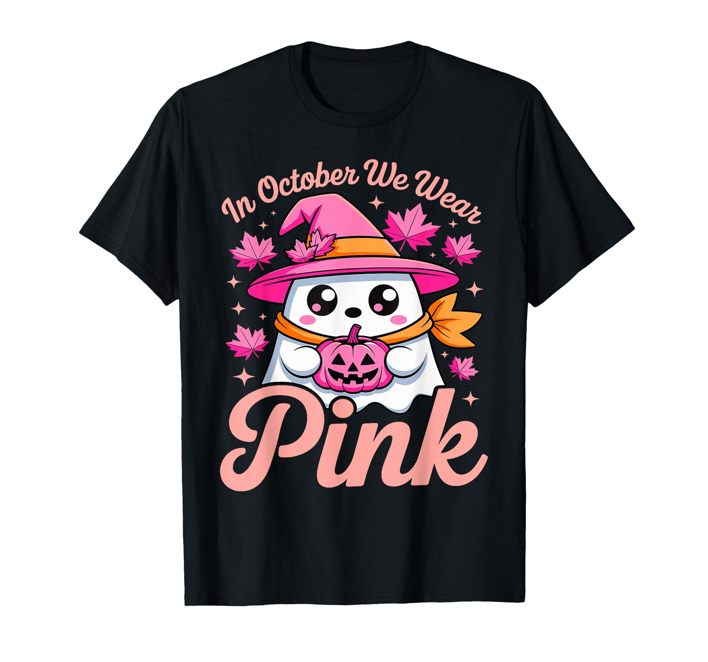 in October We Wear Pink Breast Cancer Awareness Witch Ghost T-Shirt