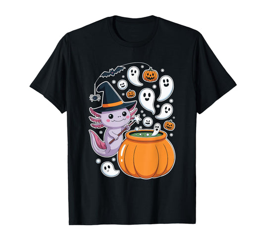 Cute Witchy Creature Stirring Cauldron Axolotl T-Shirt