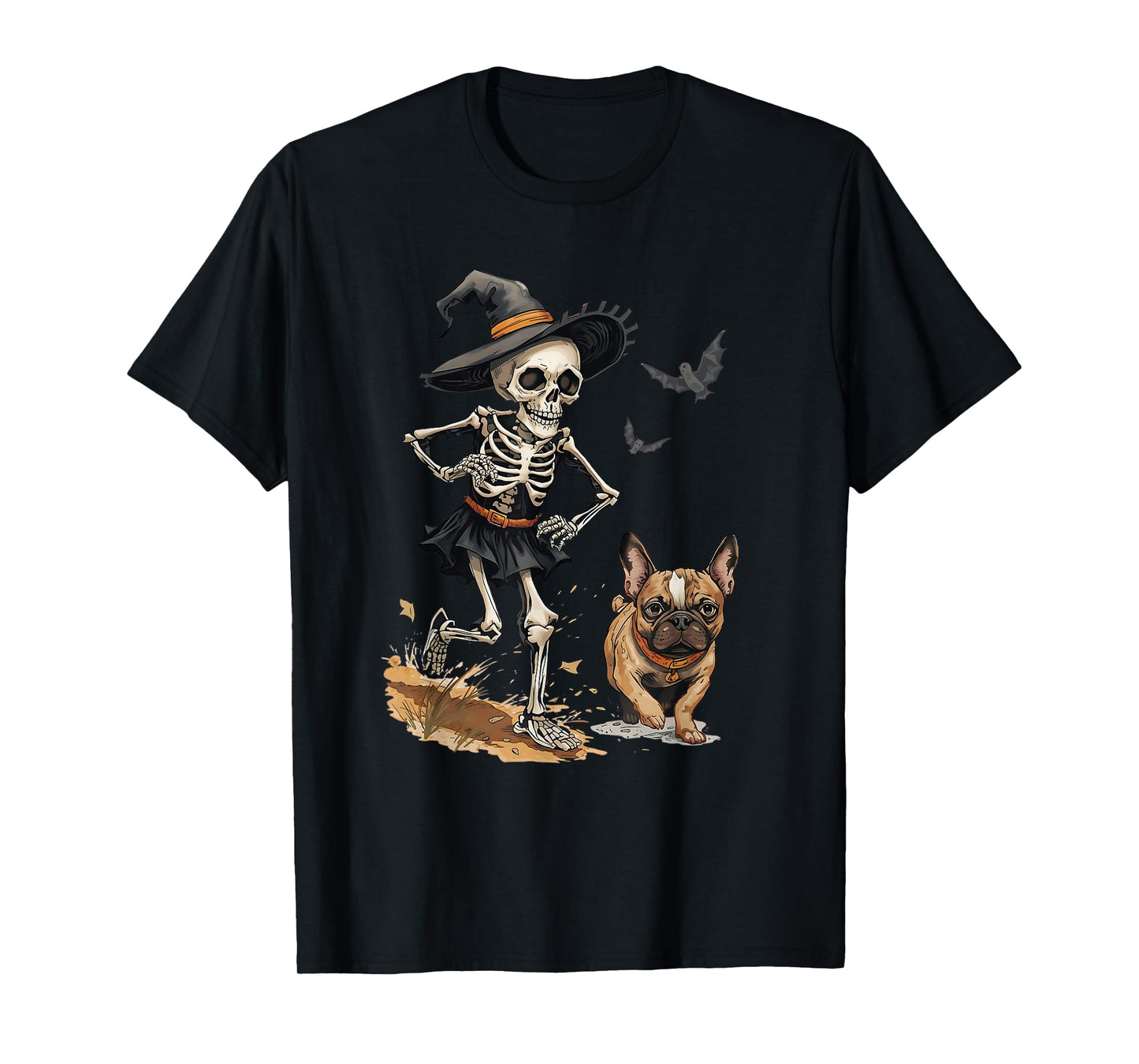 Funny Halloween Spooky Frenchie & Witch Skeleton T-Shirt