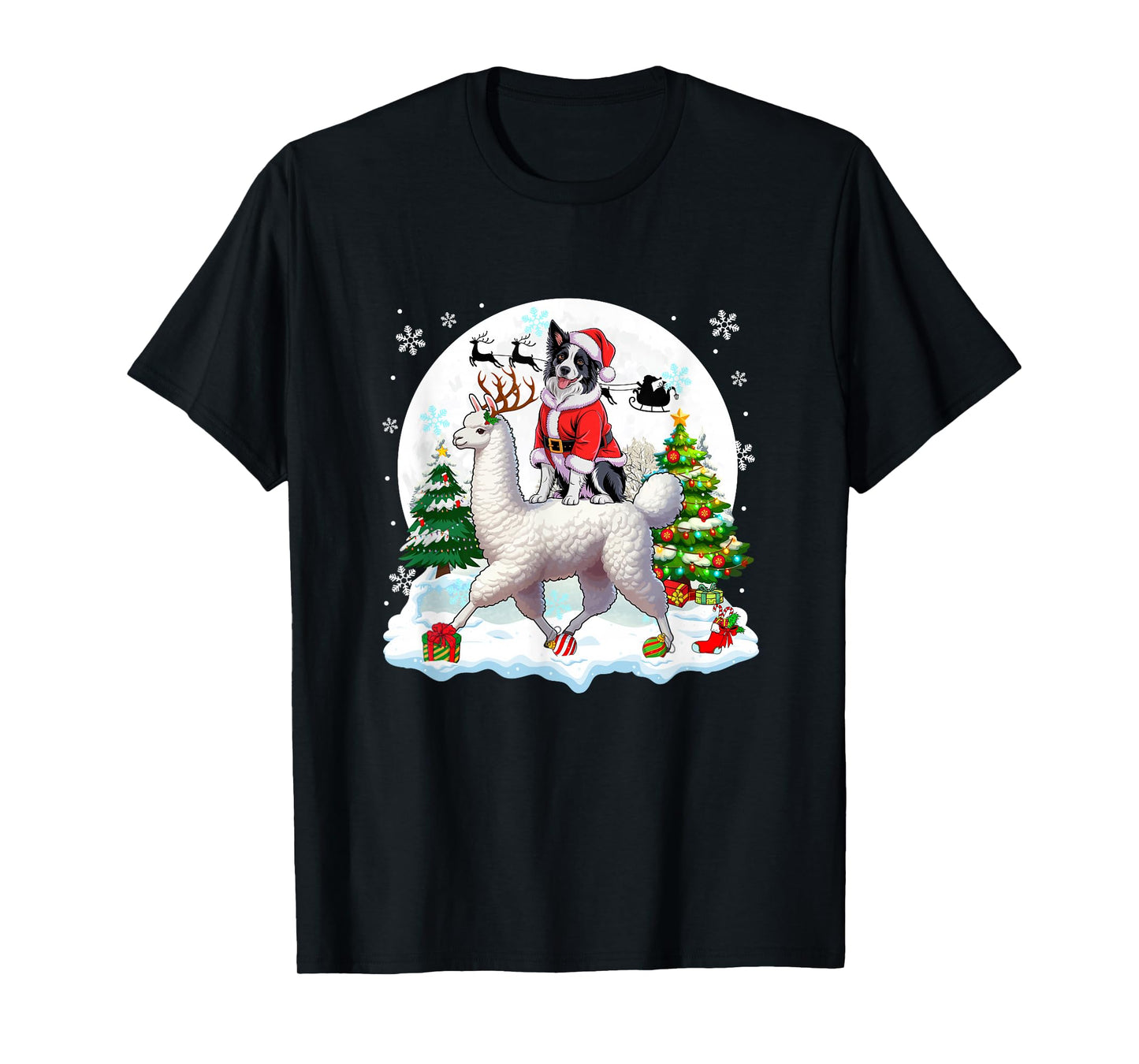 Santa Border Collie Riding Llama Reindeer Christmas Owner T-Shirt