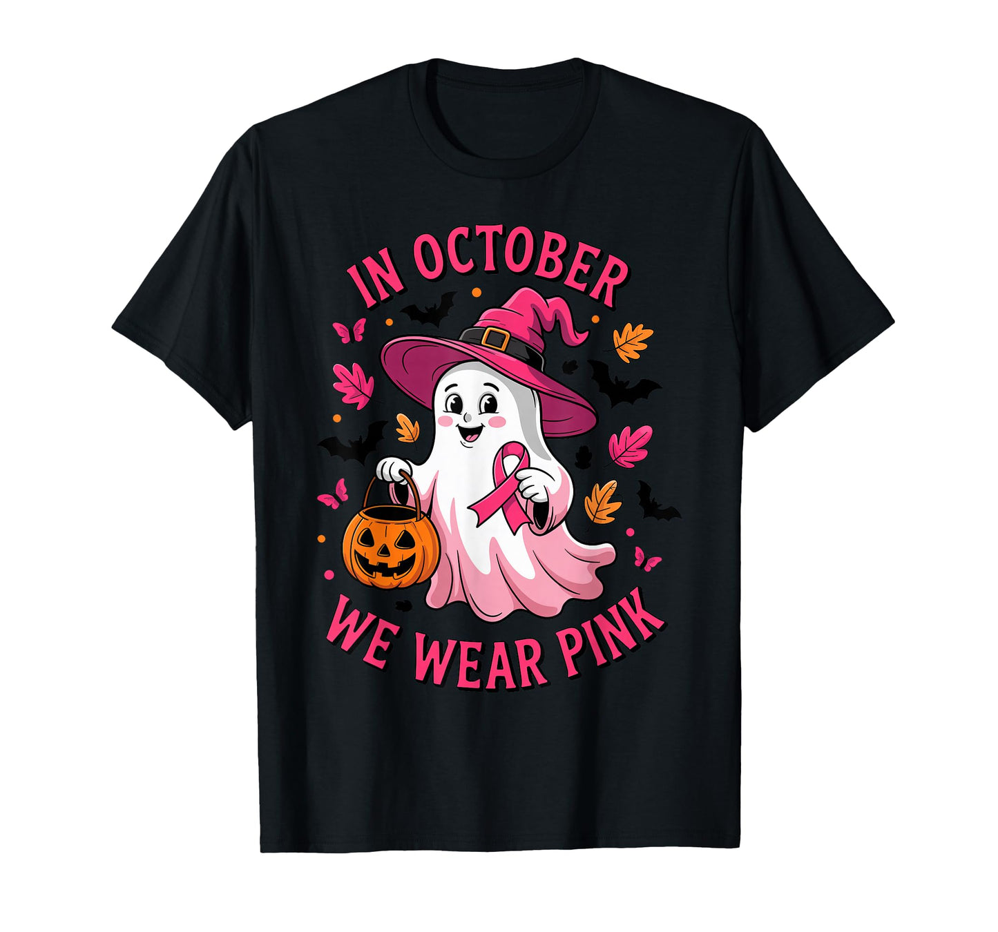 in October We Wear Pink Ribbon Ghost Breast Cancer Awareness T-Shirt