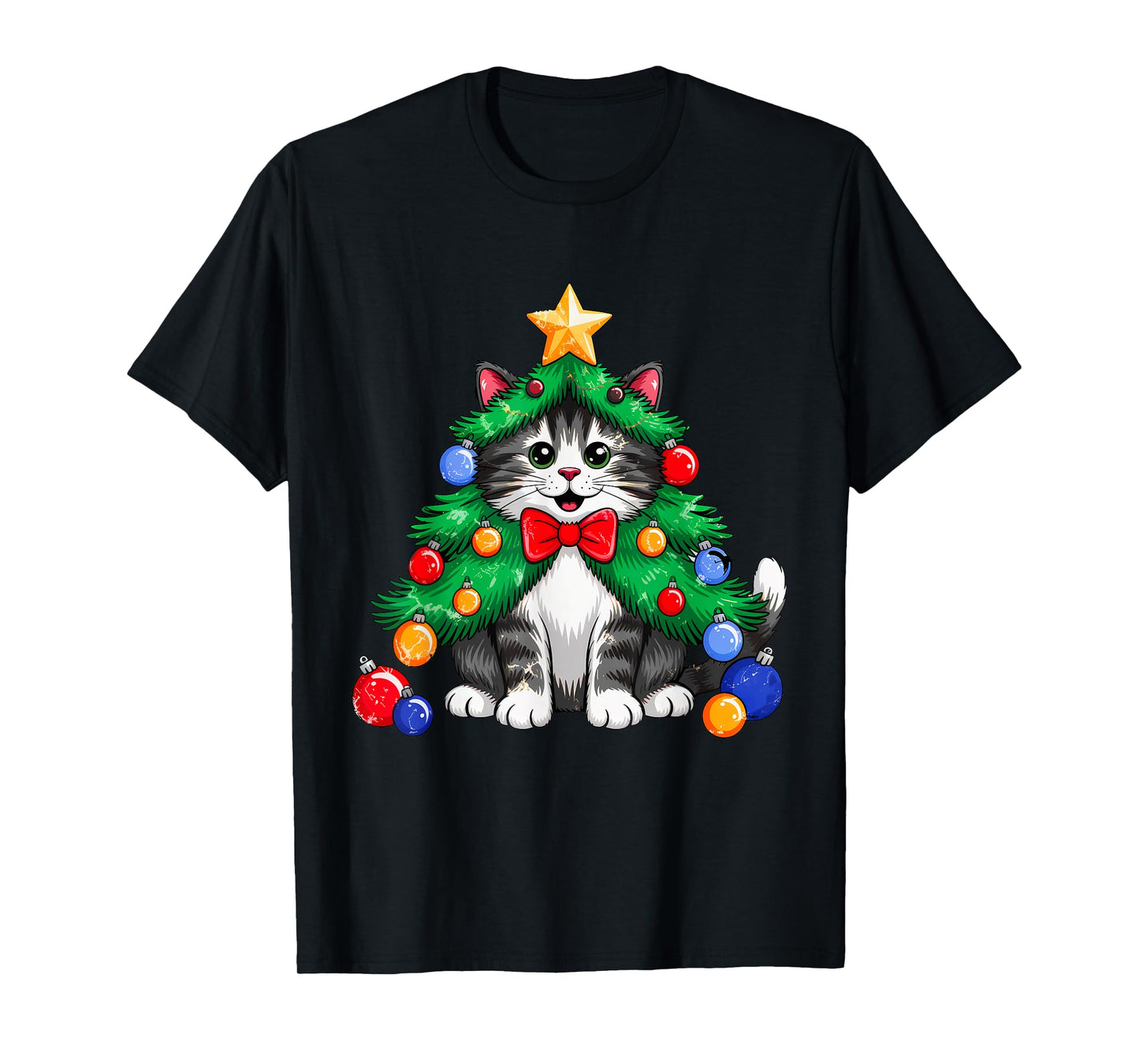 Ginger Black Cat Christmas Tree Cute Xmas Girls Kids Women T-Shirt