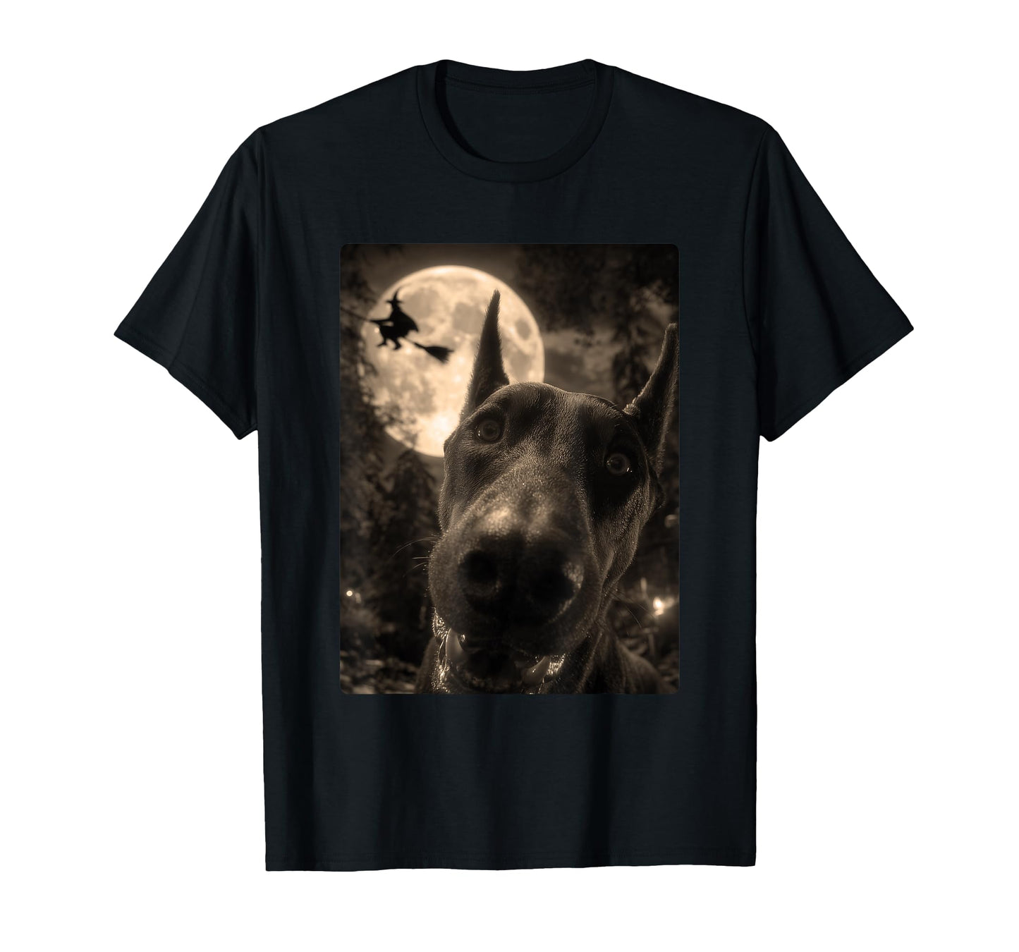 Funny Doberman Selfie Full Moon Flying Witch Halloween Dog T-Shirt