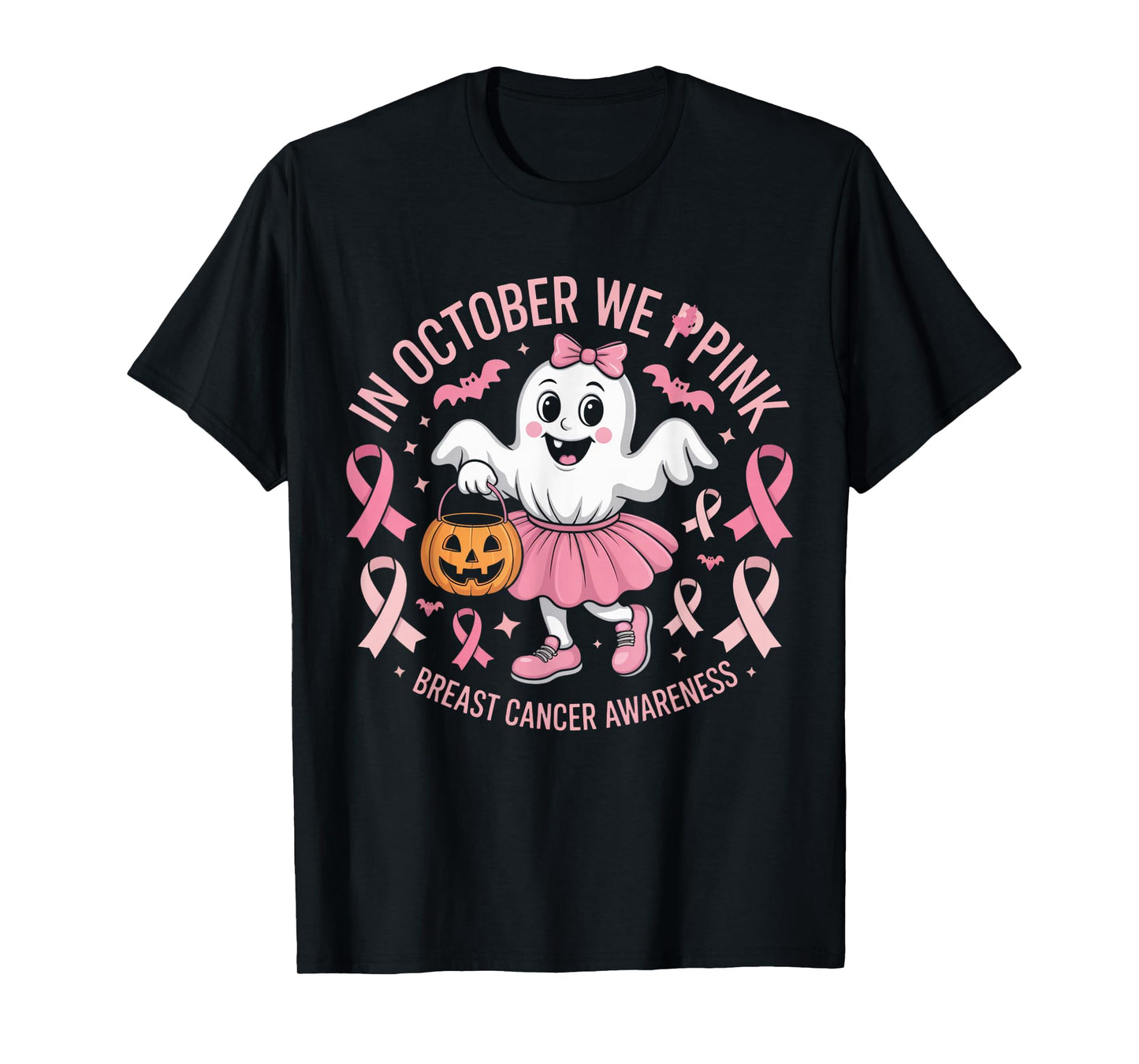in October We Wear Pink Ghost Witch Breast Cancer Awareness T-Shirt