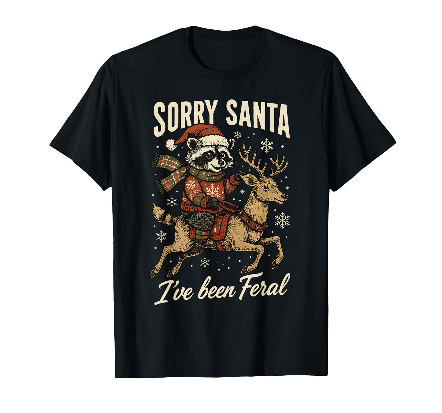 Raccoon Christmas Sorry Santa I've Been Feral Cute Santa Hat T-Shirt