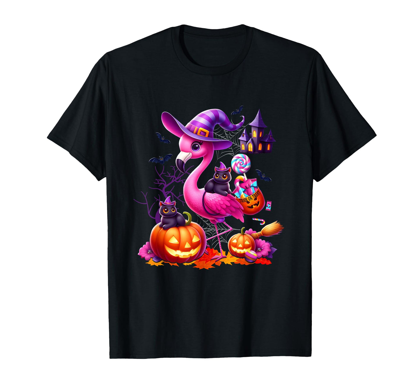 Black Cat Halloween Costume Trick Or Treat Witch Flamingo T-Shirt