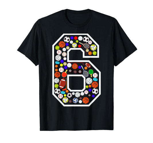 Kids 6th Birthday Sports Big Number Six 6 Year Old Boy T-Shirt