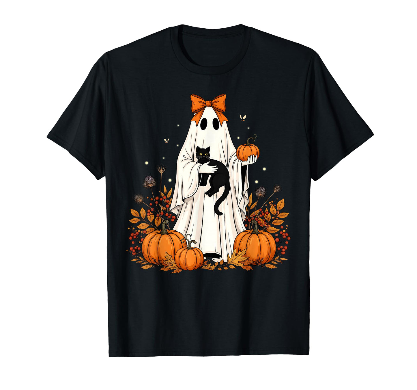 Vintage Halloween Ghost Holding Black Cat Groovy Floral T-Shirt