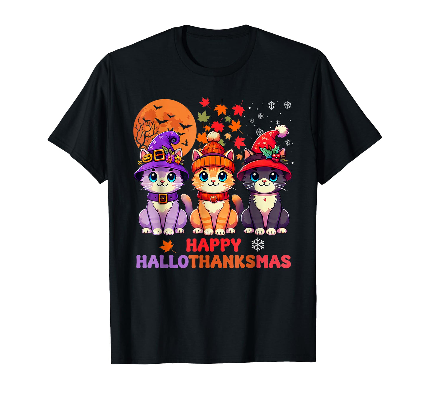 Halloween Thanksgiving Christmas Happy HalloThanksMas Cats T-Shirt