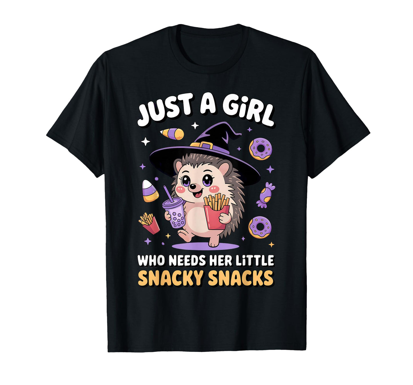 Just a Girl Snacky Snacks Shirt Halloween Hedgehog Witch Hat T-Shirt