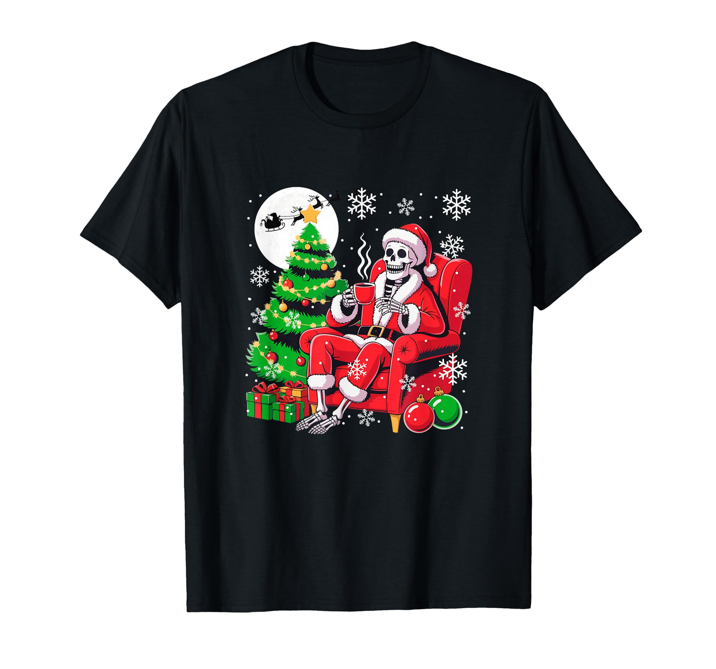 Santa Skeleton Drinking Coffee Xmas Tree Colorful Lights T-Shirt