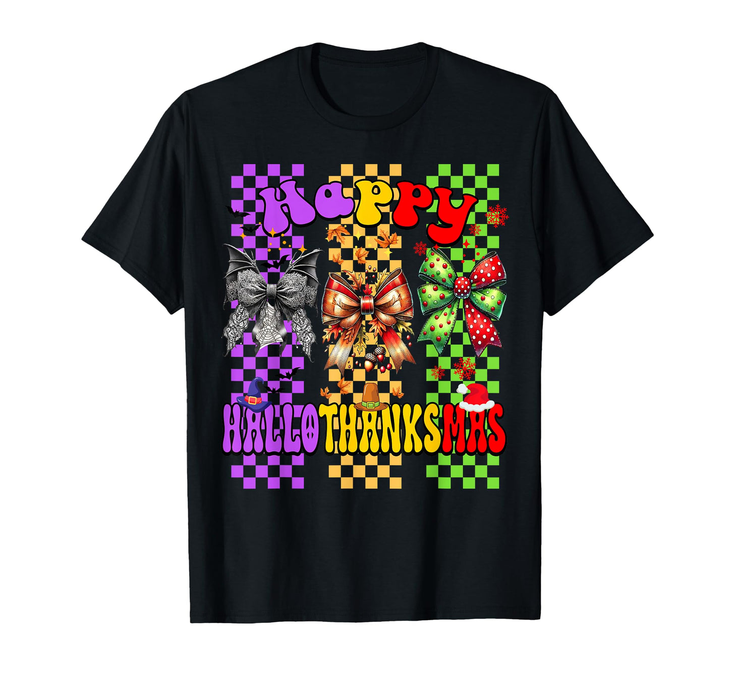 Hallothanksmas Coquette Bow Halloween Thanksgiving Christmas T-Shirt