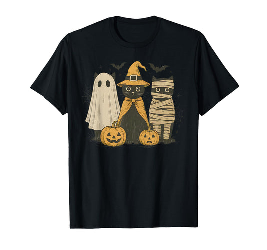 Black Cat Witch Ghost Scary Halloween Pumpkin Men Kids Gifts T-Shirt