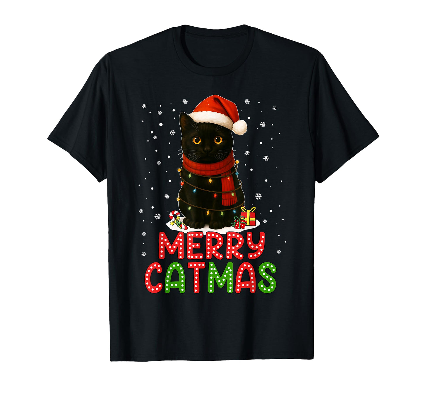 Merry Catmas Santa Hat Funny Black Cat Christmas Women Kids T-Shirt
