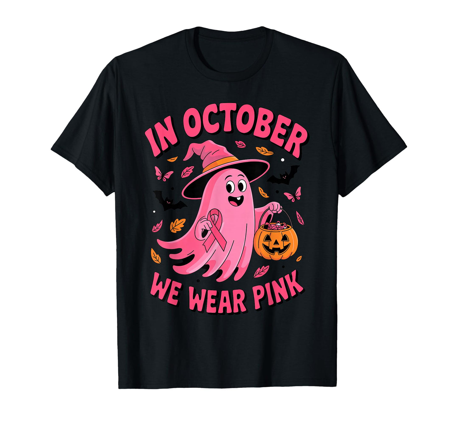 in October We Wear Pink Breast Cancer Ghost Witch Pumpkin T-Shirt