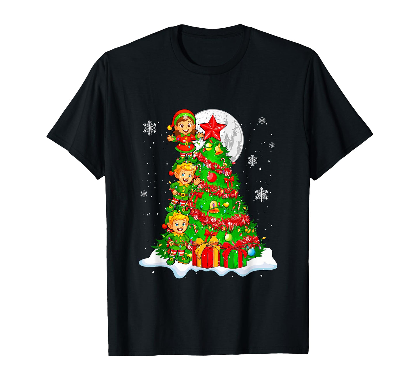 Three Cute Elf Decorating Christmas Tree Colorful Lights T-Shirt