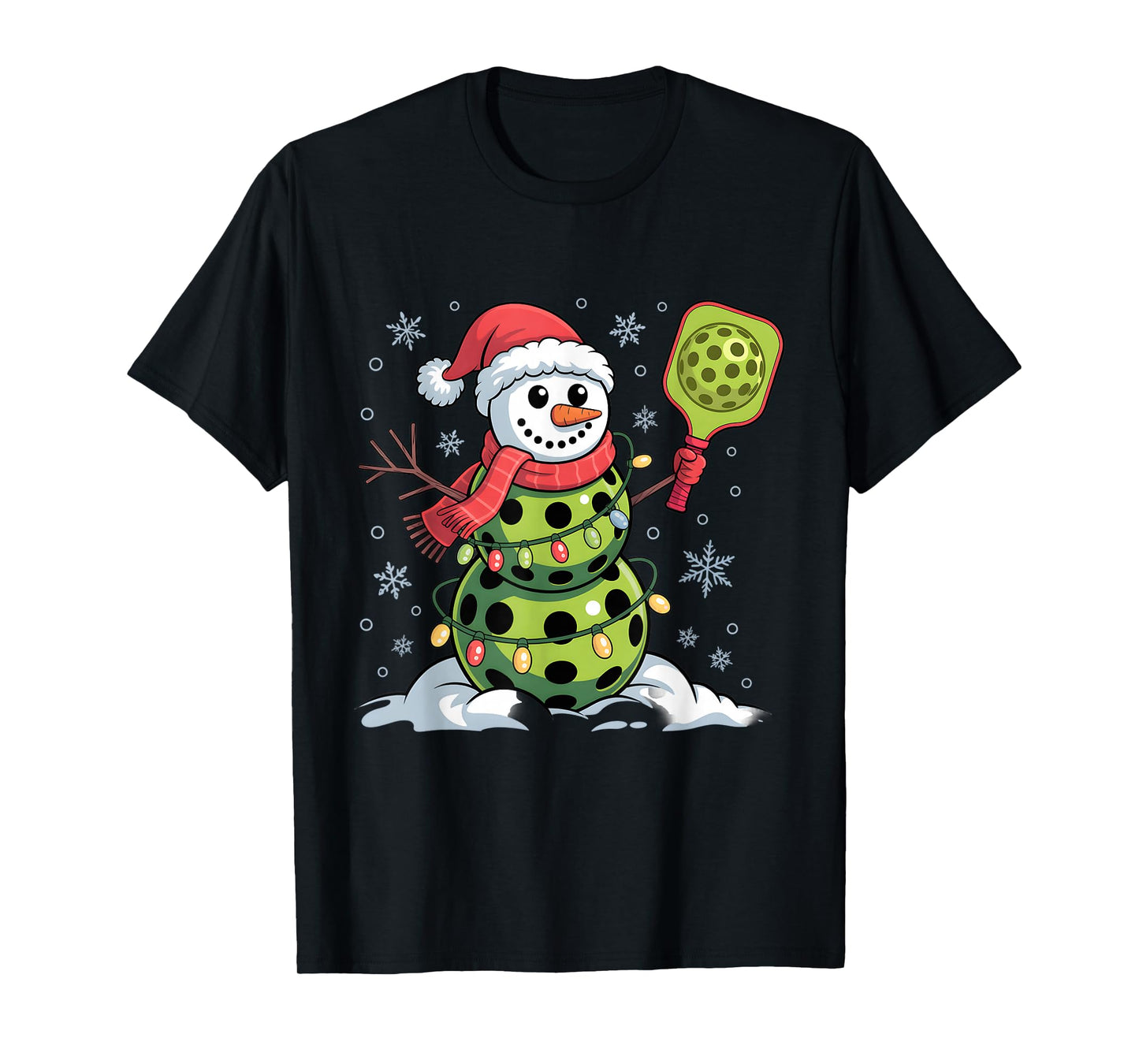 Pickleball Player Snowman Christmas Lights Santa Men Women T-Shirt