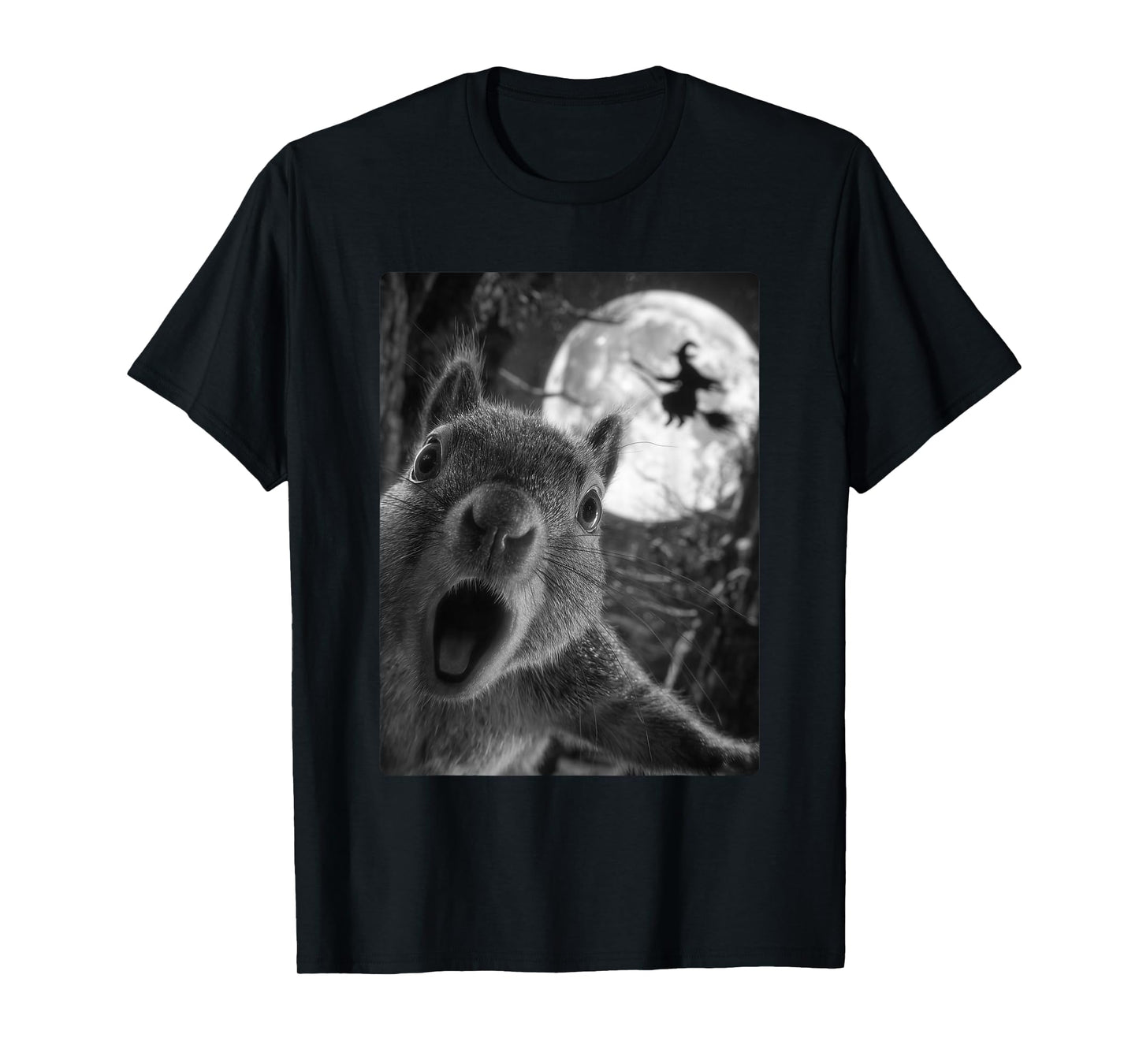 Funny Squirrel Selfie with Full Moon Flying Witch Halloween T-Shirt