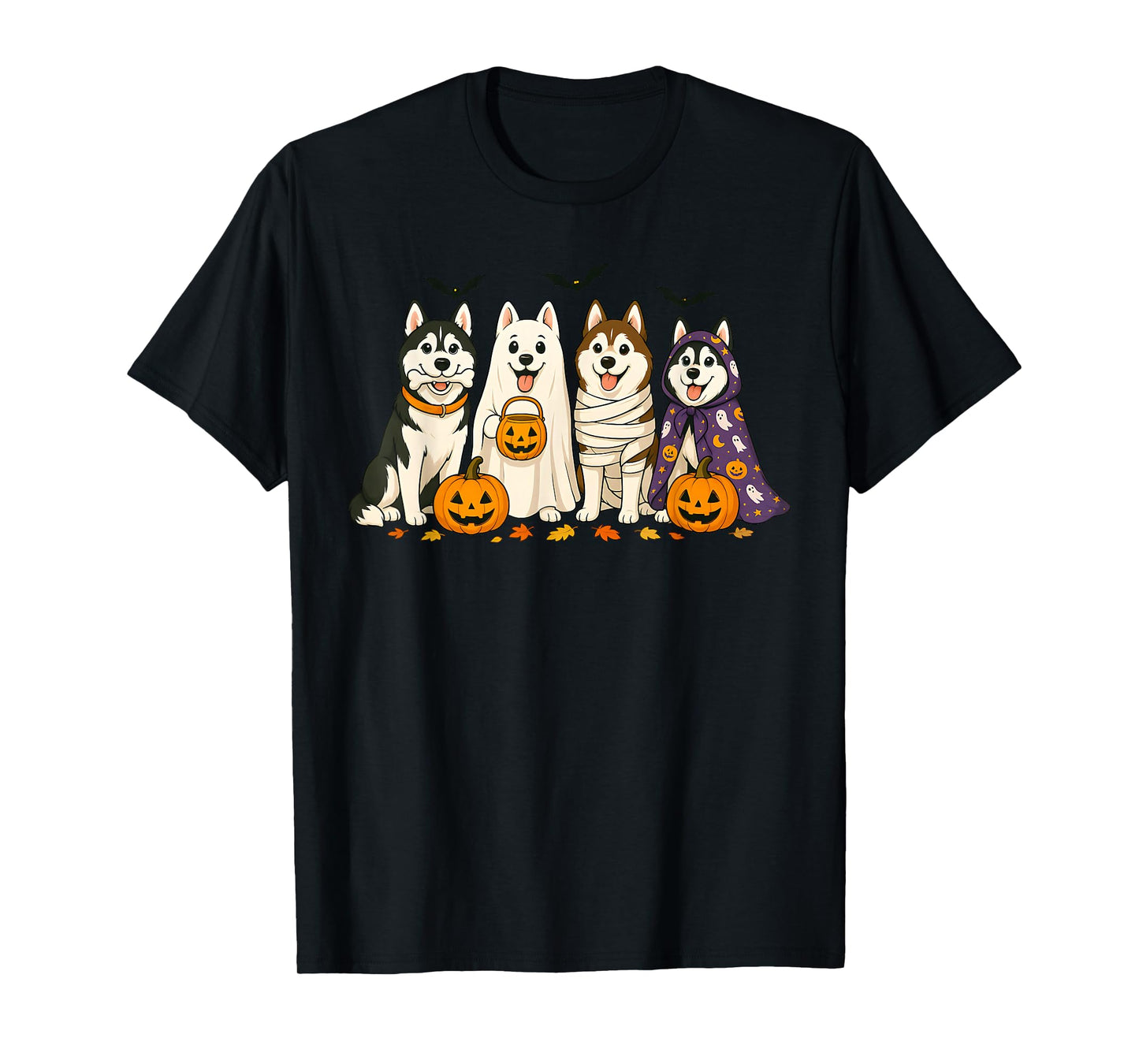 Siberian Husky Dogs Ghost Witch Mummy Halloween Pumpkins T-Shirt