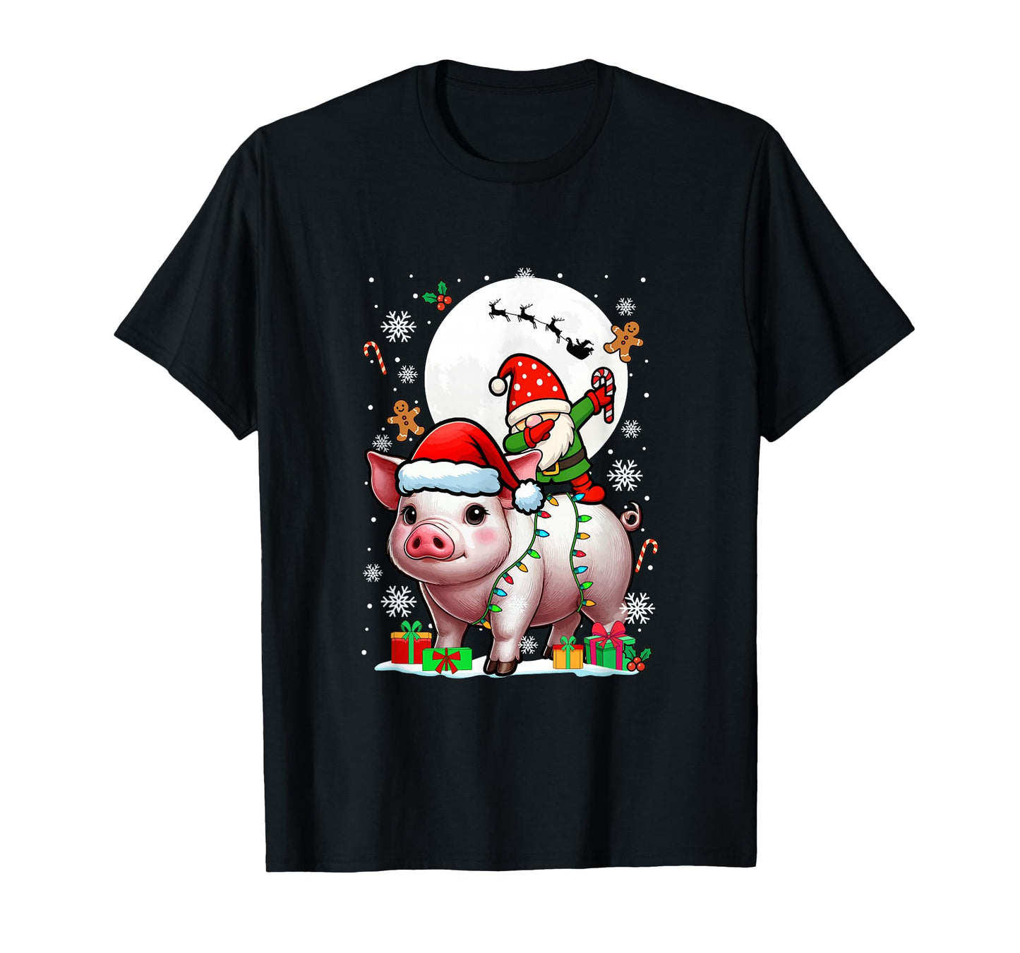 Dabbing Gnome On Pig Christmas Santa Colorful Lights T-Shirt