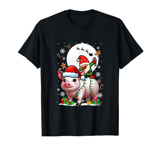 Dabbing Gnome On Pig Christmas Santa Colorful Lights T-Shirt