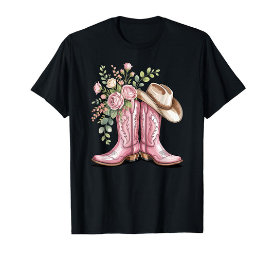 cowboy boot western country cowgirl flowers girl pink woman T-Shirt