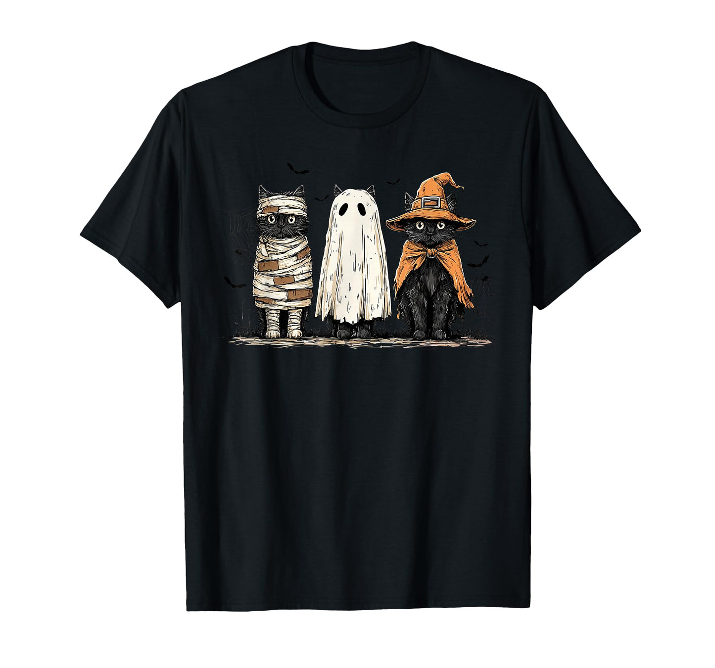 Retro Ghost Black Cat Witch Scary Halloween Pumpkin T-Shirt