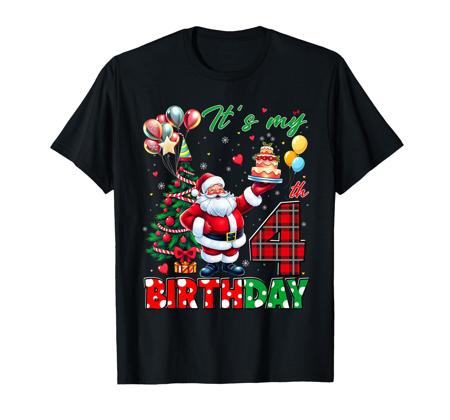Kids It's My 4th Birthday Cute Santa Christmas 4 Years Old T-Shirt