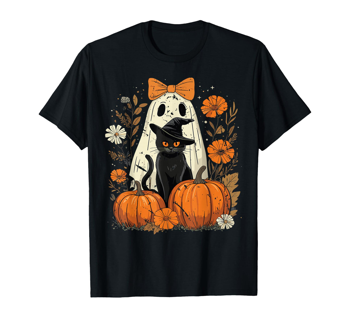 Vintage Black Cat Ghost Halloween Shirt Cute Spooky Outfit T-Shirt