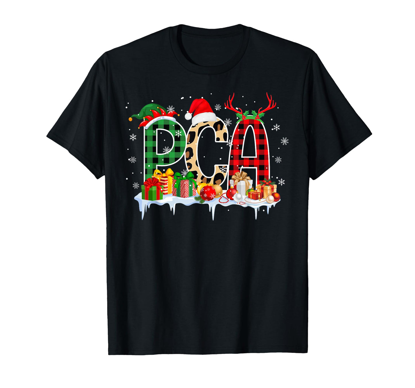 Leopard Red Plaid PCA Nursing Santa Hat Reindeer Christmas T-Shirt