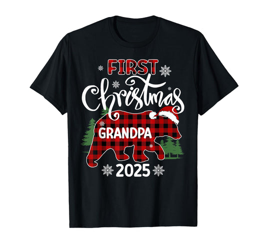 First Christmas Grandpa 2025 Red Plaid Bear Matching Family T-Shirt