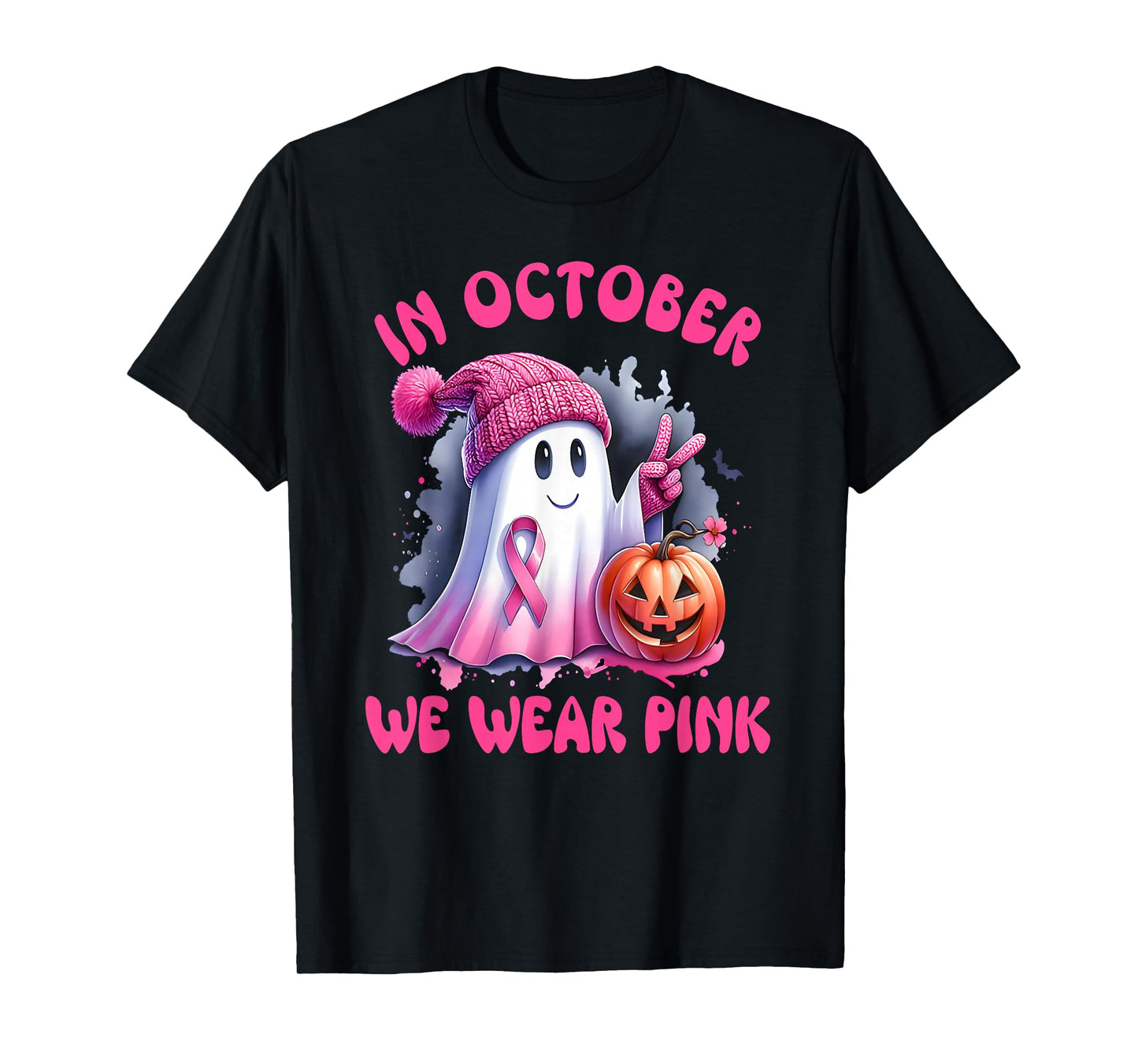 in October We Wear Pink Ghost Witch Breast Cancer Awareness T-Shirt