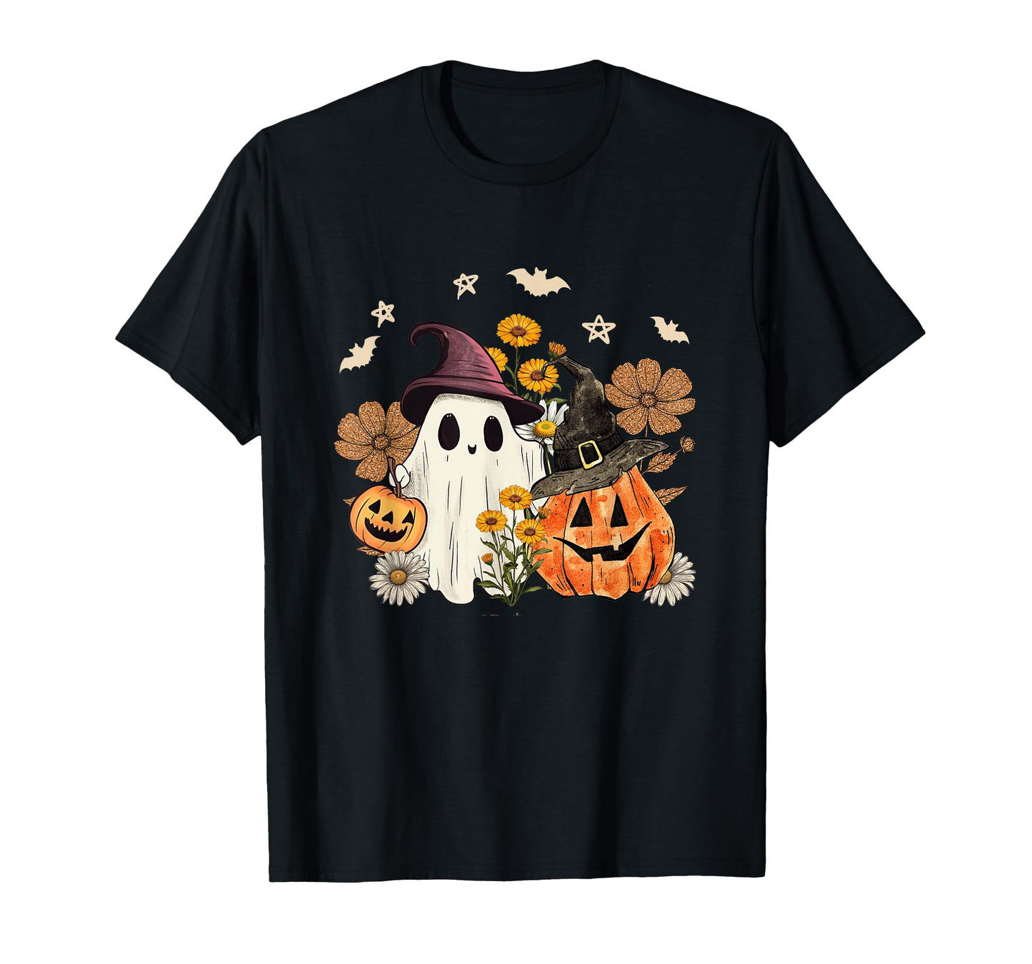 Ghost Witch Pumpkin Flowers Halloween Costumes T-Shirt