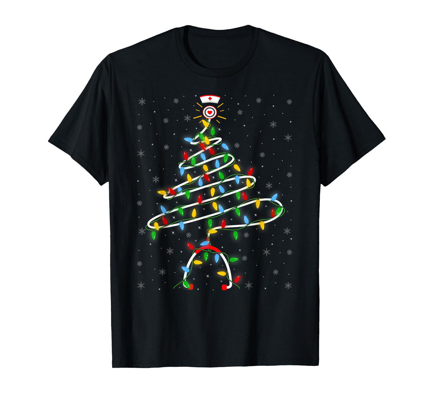 Nurse Stethoscope Christmas Tree Lights Funny Nursing Xmas T-Shirt