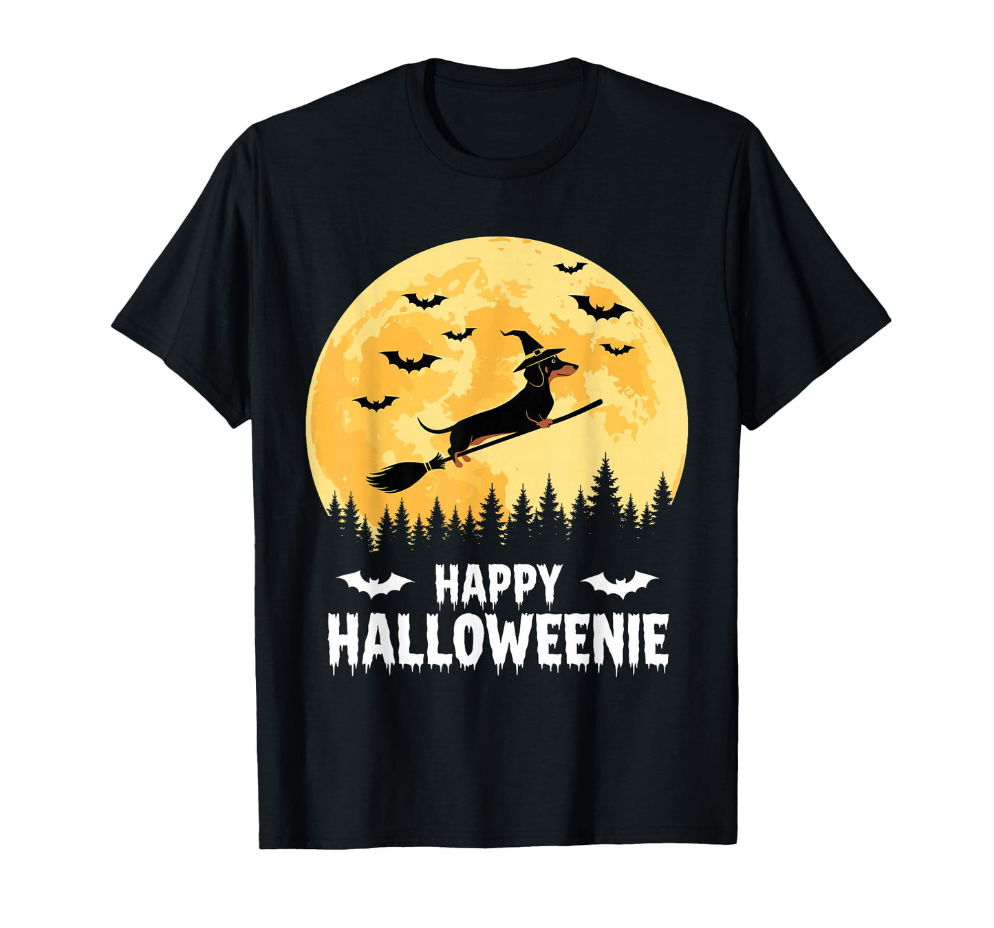 Happy Halloweenie Funny Halloween Dachshund Flying Witch T-Shirt