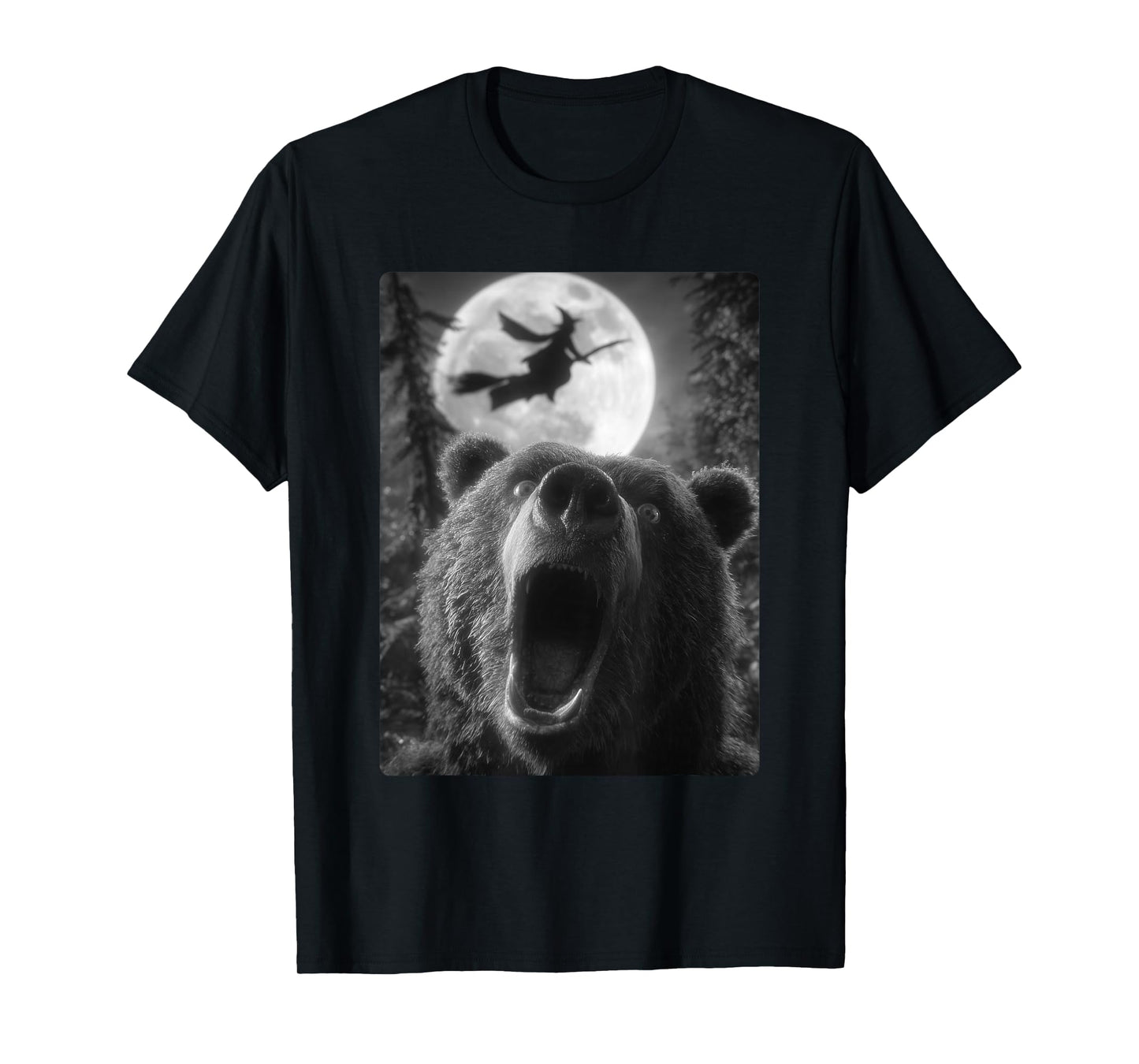 Funny Bear Selfie Full Moon Flying Witch Forest Halloween T-Shirt