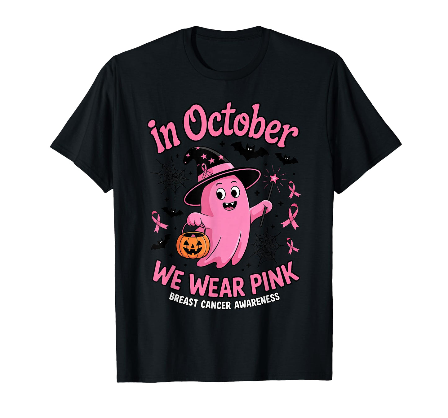 Ghost Witch in October We Wear Pink Halloween Breast Cancer T-Shirt