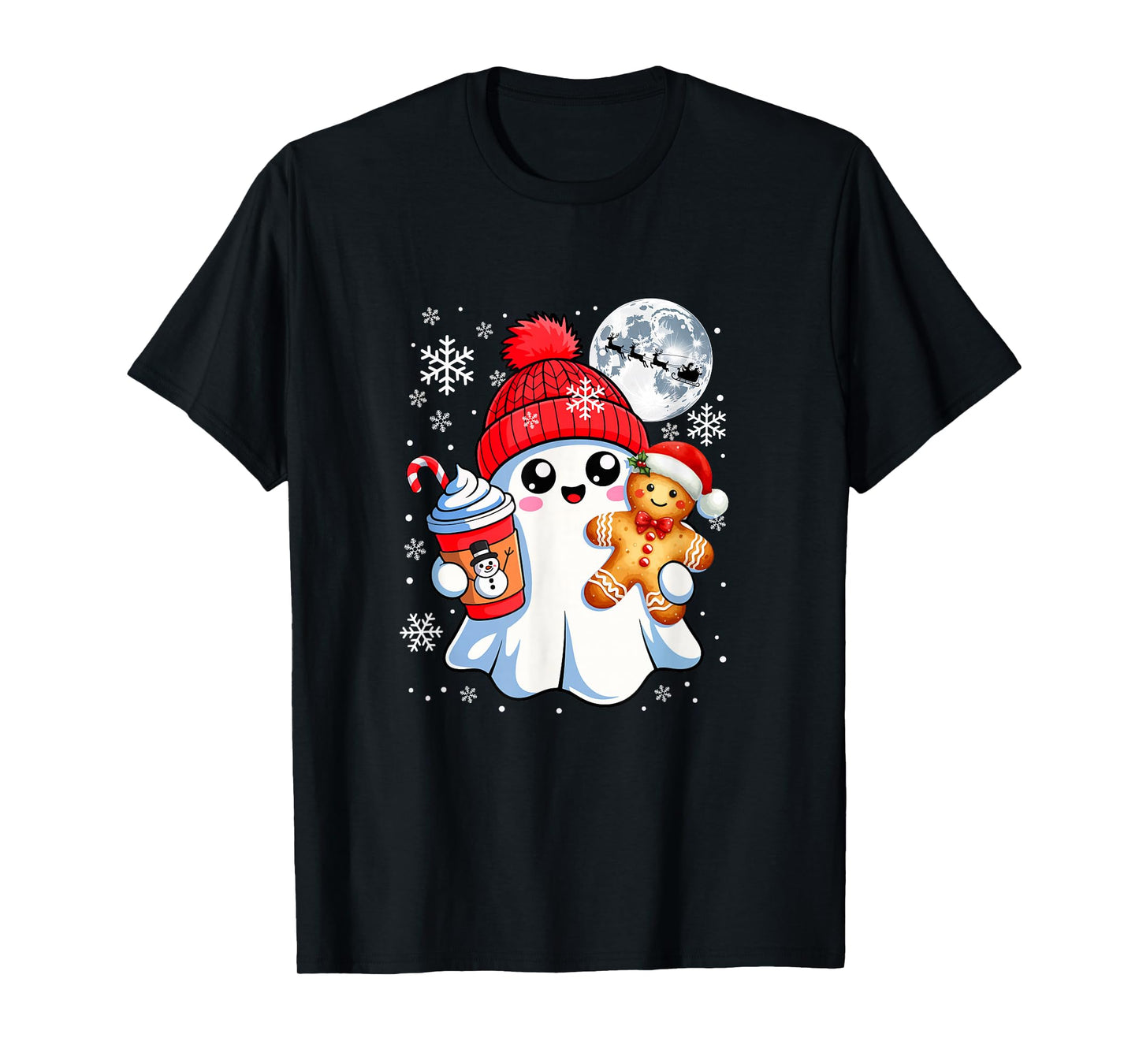 Cute Boo Holding Santa Gingerbread Coffee Christmas Family T-Shirt