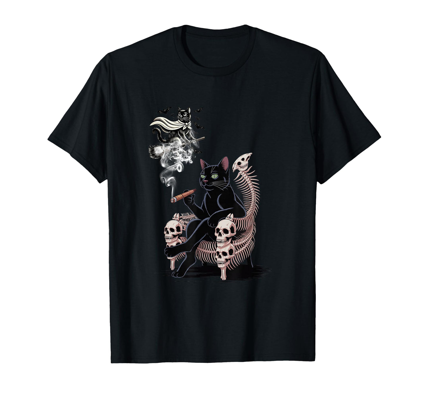 Black Cat Smoking Cigarette Halloween Scary Witch Cat Flying T-Shirt