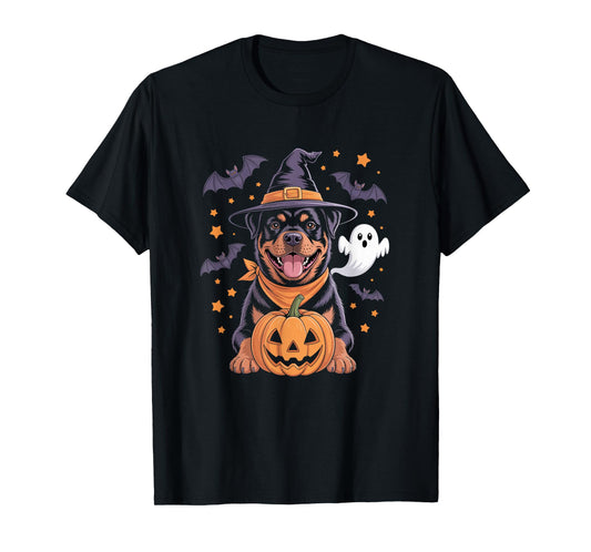 Cute Rottweiler Witch Halloween Pumpkin and Ghost T-Shirt