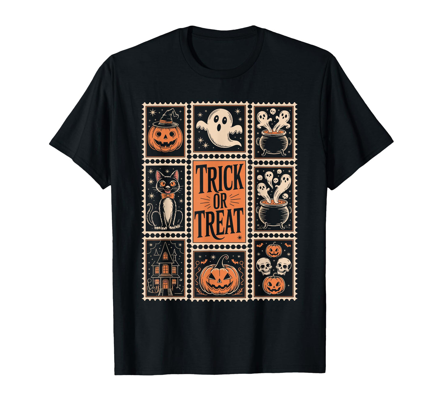 Halloween Stamps Spooky Pumpkin Ghost Cat Witch Skeleton T-Shirt
