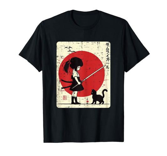 Japanese Samurai Girl Black Cat Kawaii Anime Girls Kid Women T-Shirt
