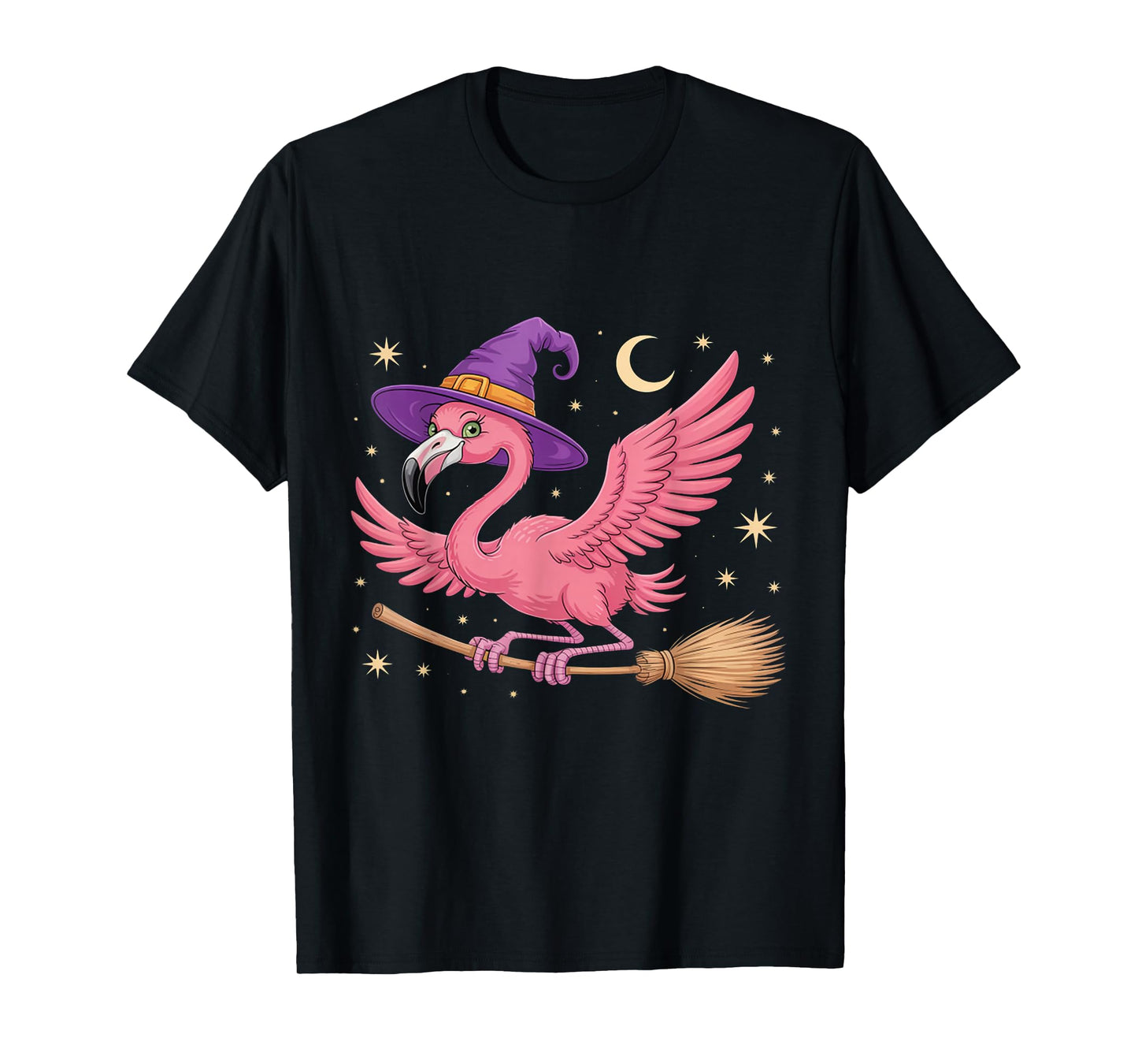 Cute Halloween Flamingo Witch Hat Broom Trick or Treating T-Shirt