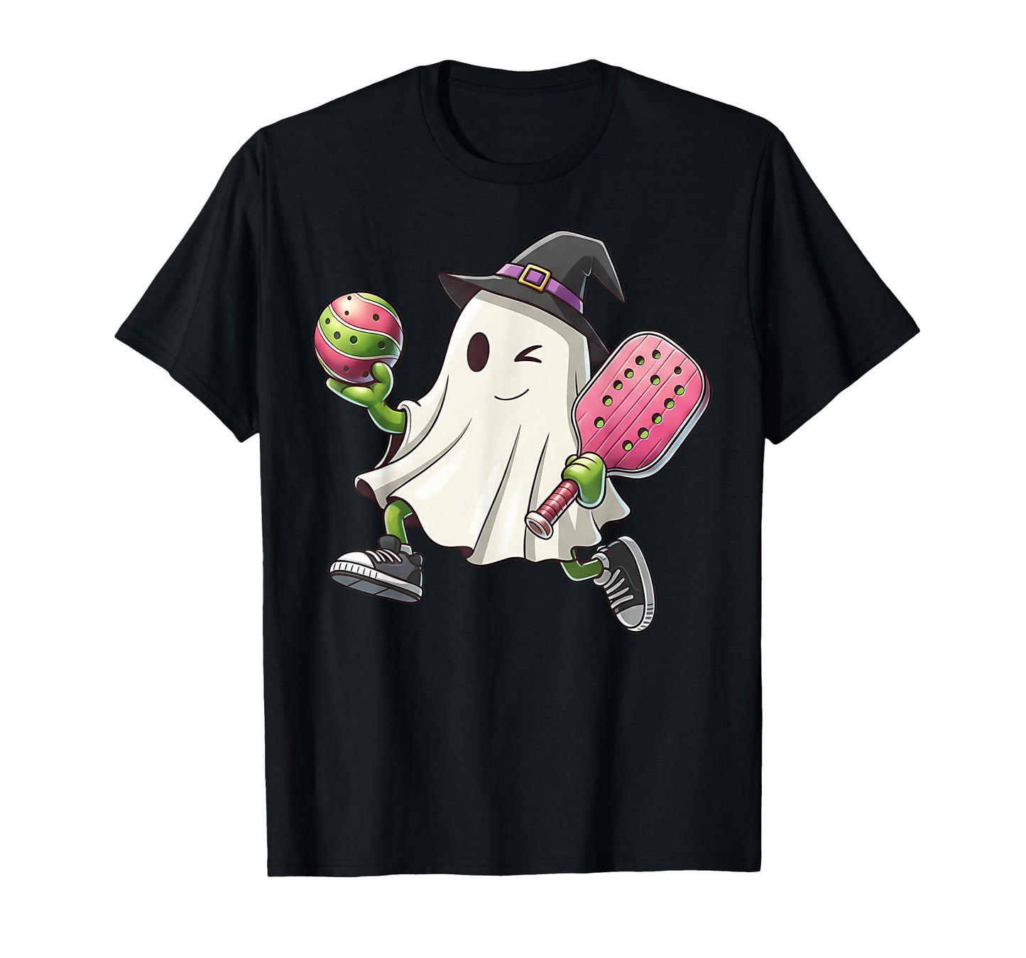Pickleball Lover Pun with a Pickle Playing Ghost Halloween T-Shirt