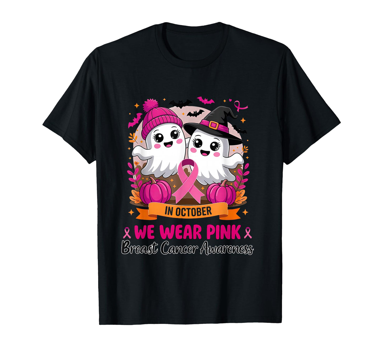 in October We Wear Pink Ghost Witch Breast Cancer Awareness T-Shirt