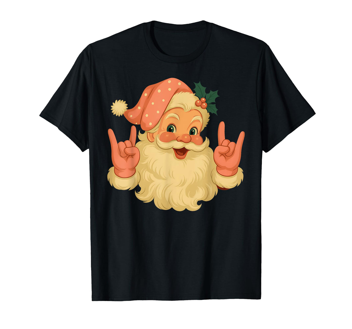 Vintage Pink Santa Claus Christmas Rock Hand Girl Women T-Shirt