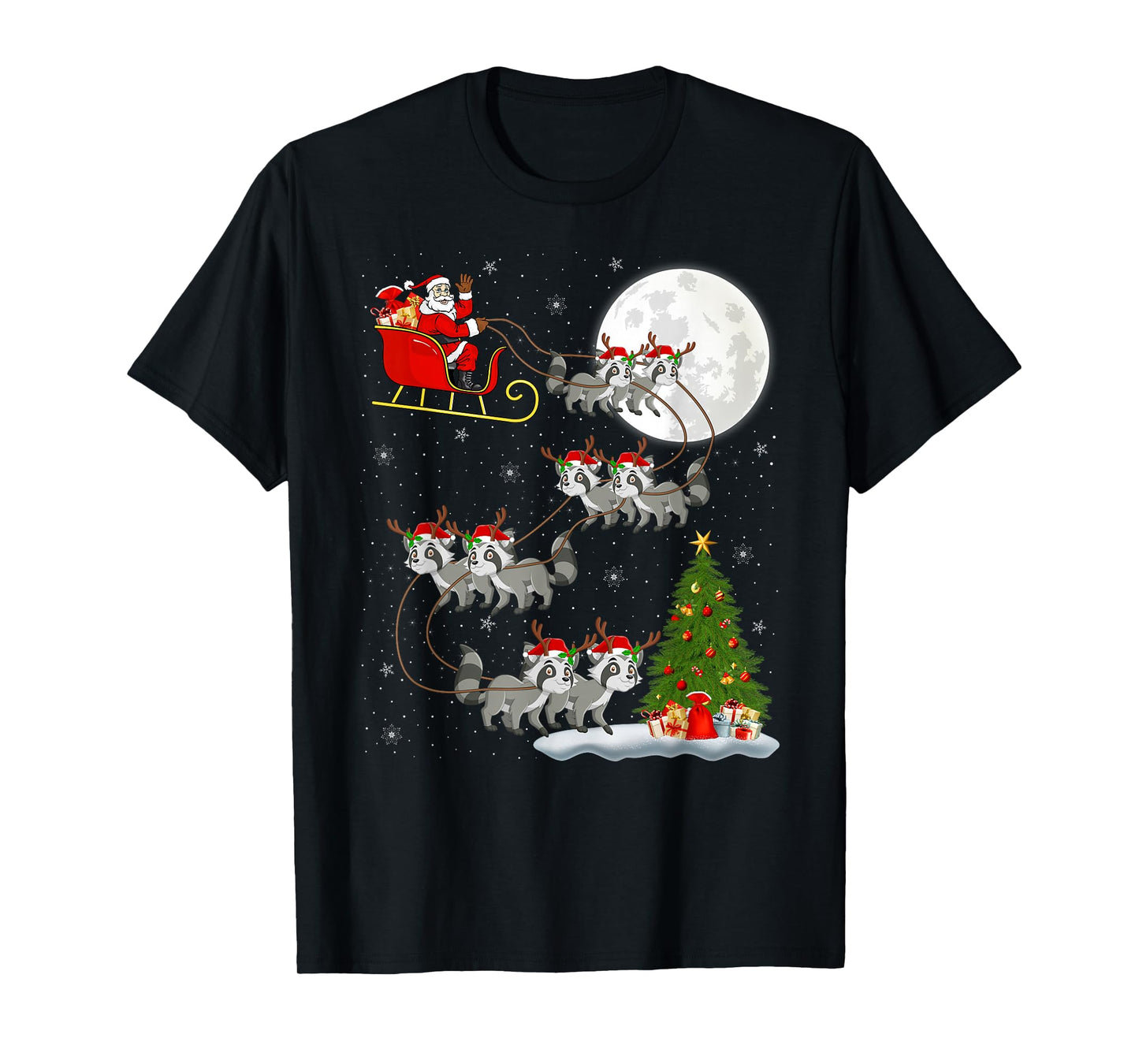 Raccoon Santa Sleigh Flying Funny Magical Christmas T-Shirt